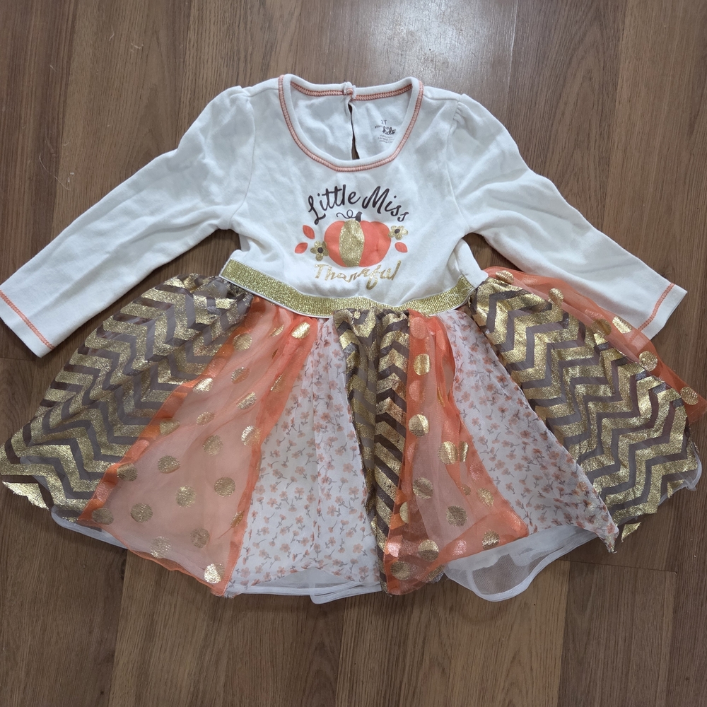 Little Miss Thankful Kids Dress - White and Gold
